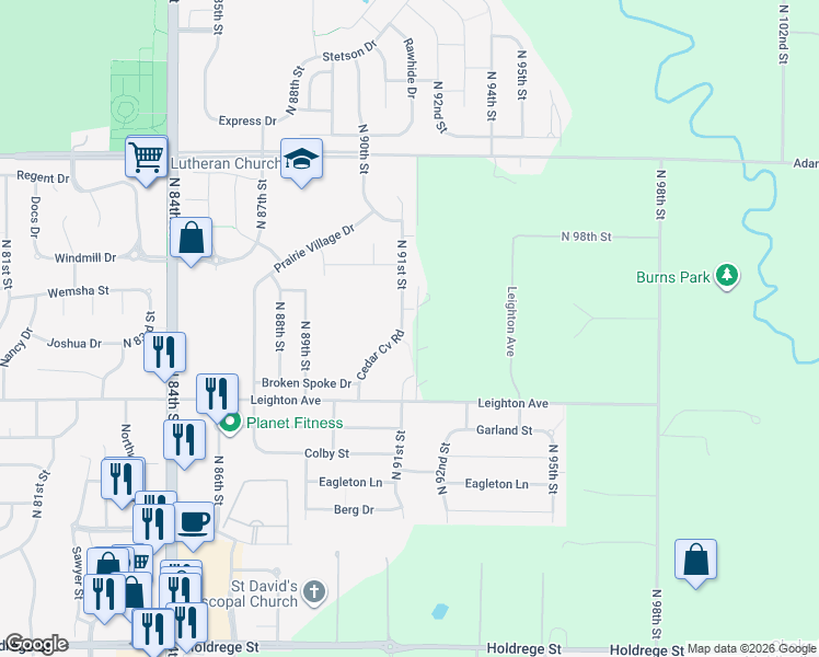 map of restaurants, bars, coffee shops, grocery stores, and more near 2519 Cedar Cove Road in Lincoln
