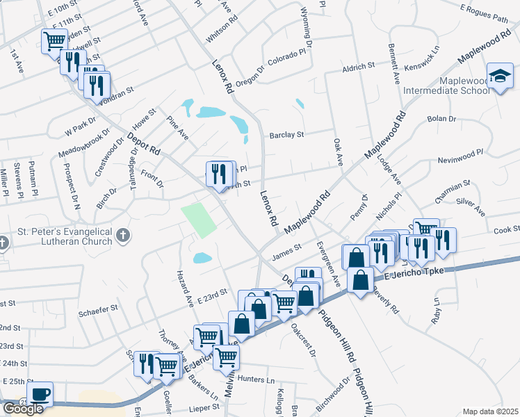 map of restaurants, bars, coffee shops, grocery stores, and more near 445 Lenox Road in Huntington Station