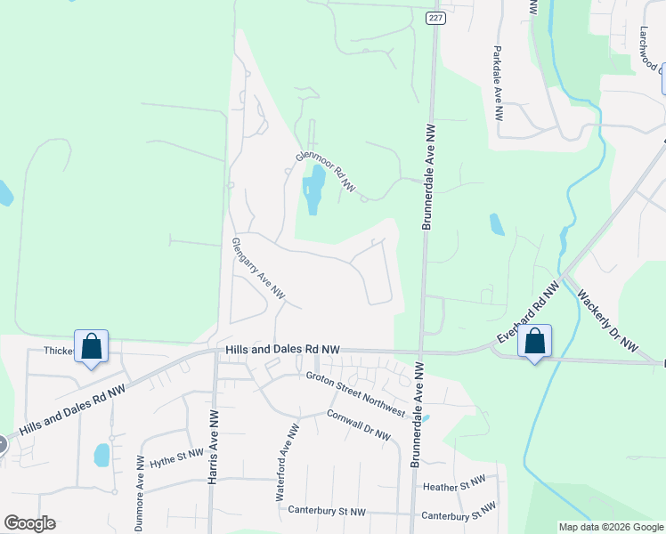 map of restaurants, bars, coffee shops, grocery stores, and more near 6241 Bertram Avenue Northwest in Canton