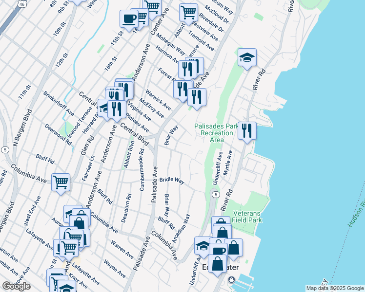 map of restaurants, bars, coffee shops, grocery stores, and more near 47 Virginia Avenue in Fort Lee