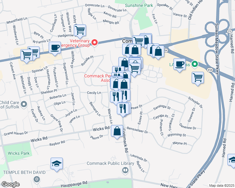 map of restaurants, bars, coffee shops, grocery stores, and more near 221 Commack Road in Commack