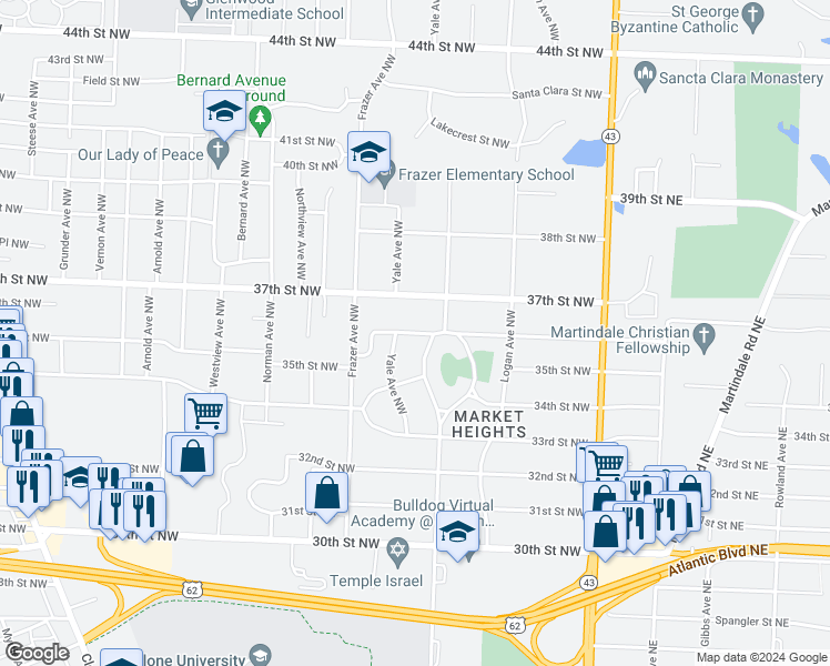 map of restaurants, bars, coffee shops, grocery stores, and more near 433 36th Street Northwest in Canton