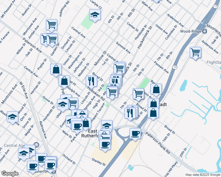 map of restaurants, bars, coffee shops, grocery stores, and more near 426 Broad Street in Carlstadt
