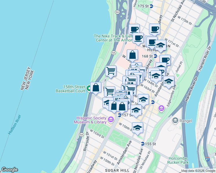 map of restaurants, bars, coffee shops, grocery stores, and more near 884 Riverside Drive in New York