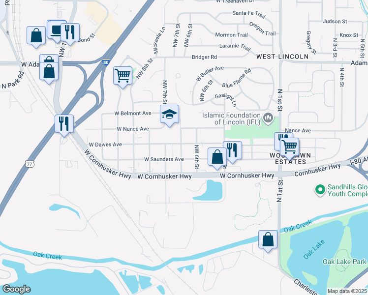 map of restaurants, bars, coffee shops, grocery stores, and more near 2444 North Chester Street in Lincoln