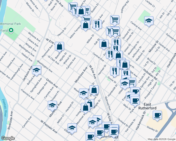 map of restaurants, bars, coffee shops, grocery stores, and more near 40 Sidney Avenue in Rutherford