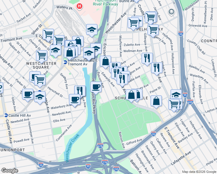 map of restaurants, bars, coffee shops, grocery stores, and more near 1338 Ellison Avenue in Bronx