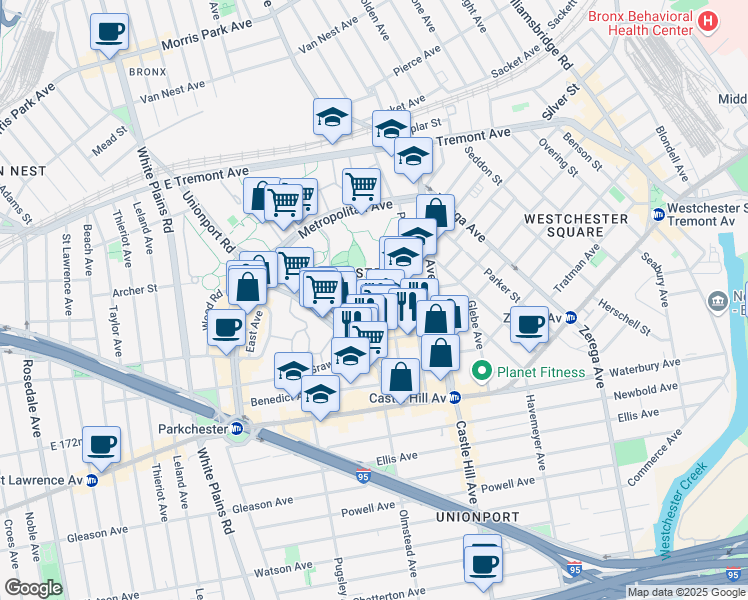 map of restaurants, bars, coffee shops, grocery stores, and more near 2075 Saint Raymond Avenue in Bronx
