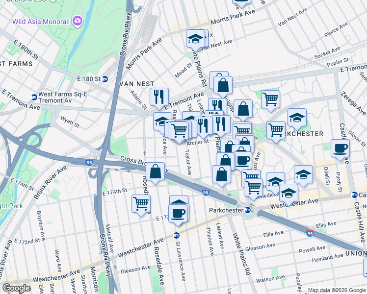 map of restaurants, bars, coffee shops, grocery stores, and more near in The Bronx
