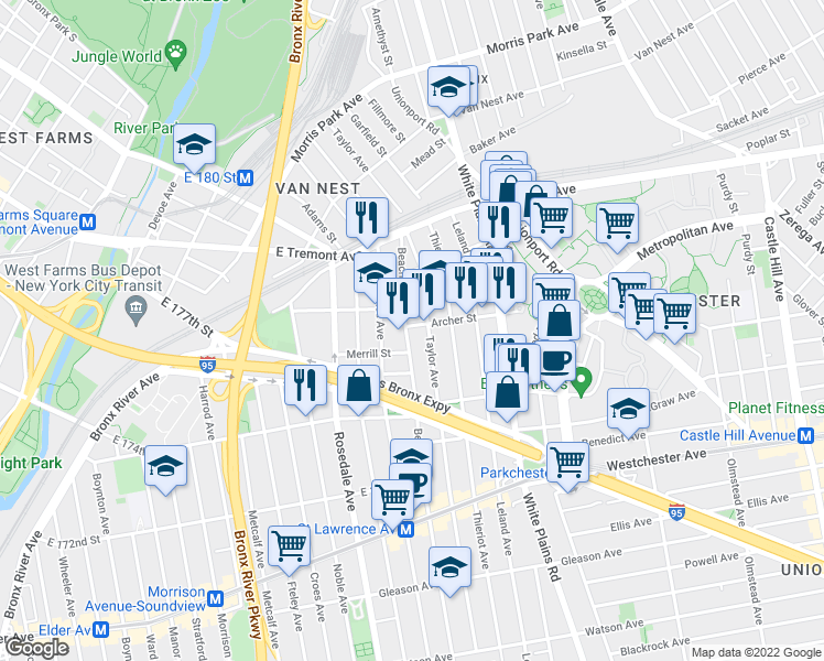 map of restaurants, bars, coffee shops, grocery stores, and more near in The Bronx