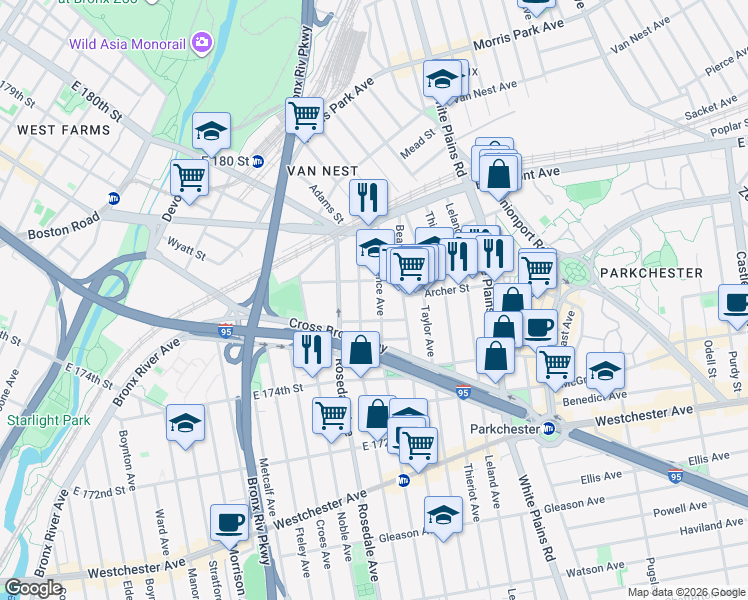 map of restaurants, bars, coffee shops, grocery stores, and more near 1484 Commonwealth Avenue in Bronx