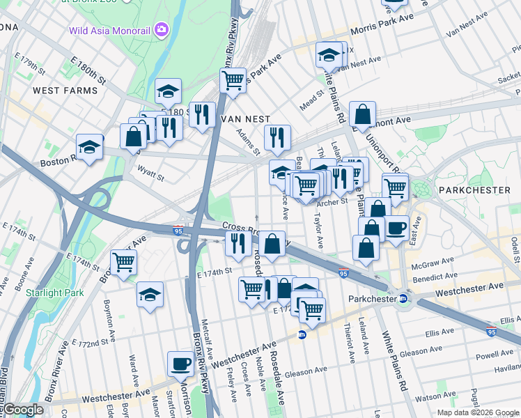map of restaurants, bars, coffee shops, grocery stores, and more near 1491 Rosedale Avenue in Bronx