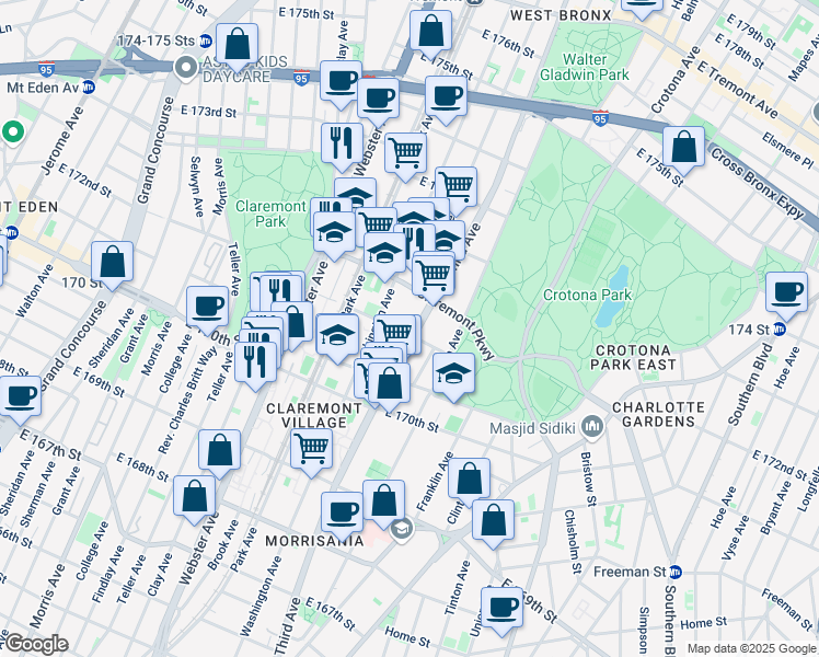 map of restaurants, bars, coffee shops, grocery stores, and more near 3805 3rd Avenue in Bronx