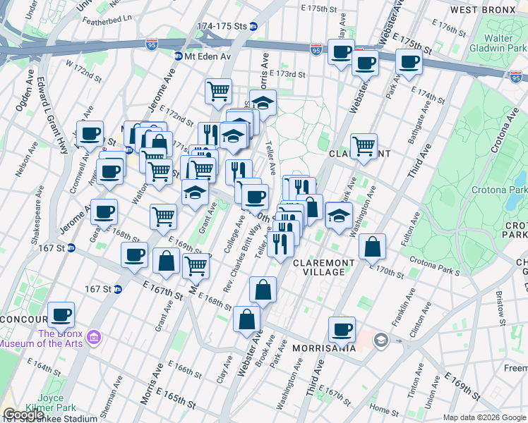 map of restaurants, bars, coffee shops, grocery stores, and more near 1401 Teller Avenue in Bronx