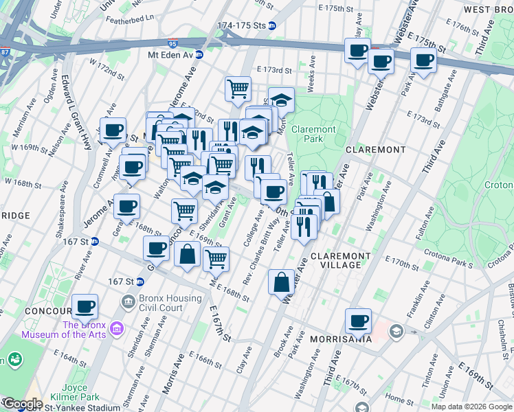 map of restaurants, bars, coffee shops, grocery stores, and more near 280 East 170th Street in Bronx
