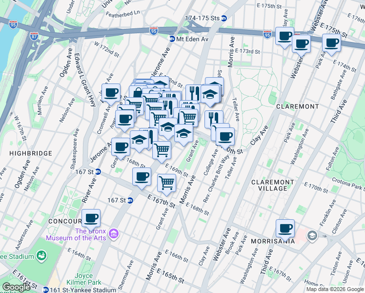 map of restaurants, bars, coffee shops, grocery stores, and more near 1350 Grand Concourse in The Bronx
