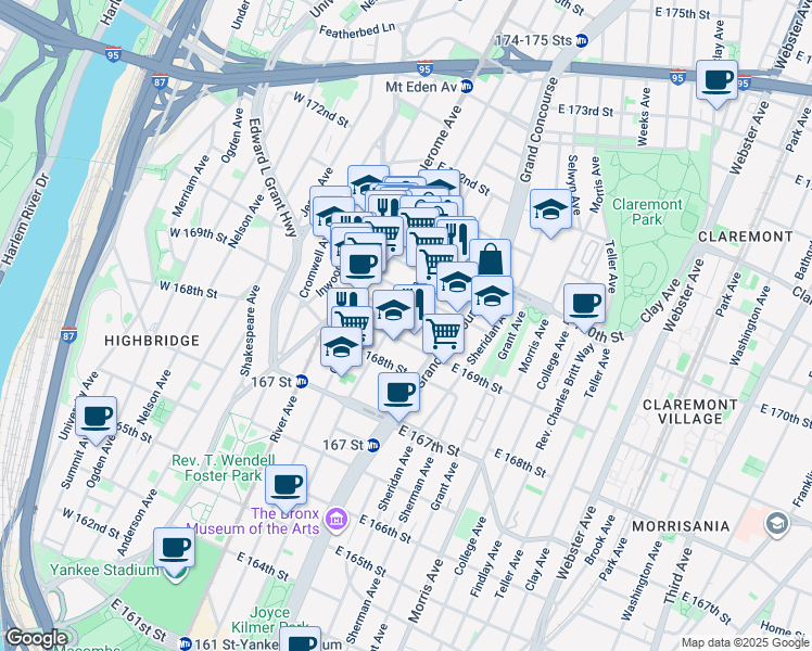 map of restaurants, bars, coffee shops, grocery stores, and more near 108 East Clarke Place in Bronx