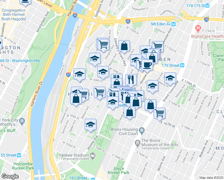 map of restaurants, bars, coffee shops, grocery stores, and more near 1220 Shakespeare Avenue in Bronx