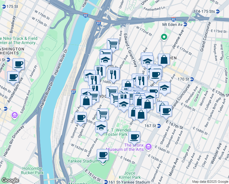 map of restaurants, bars, coffee shops, grocery stores, and more near 1219 Woodycrest Avenue in Bronx