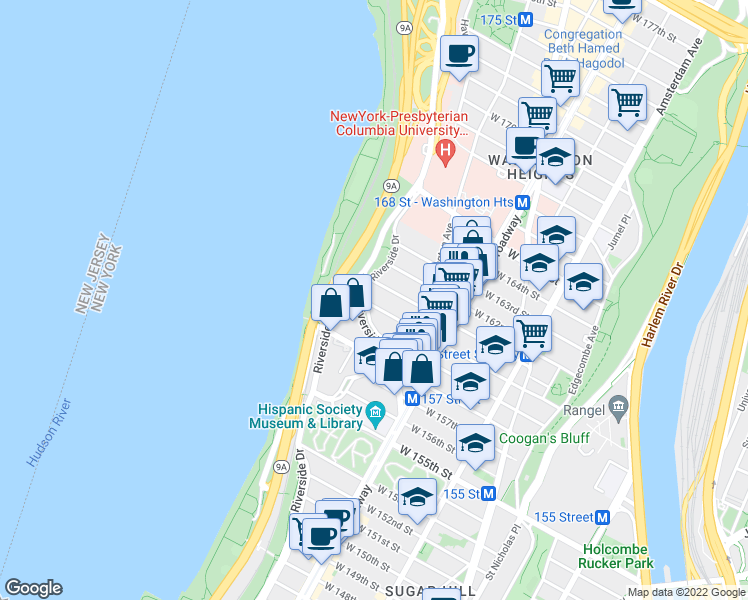 map of restaurants, bars, coffee shops, grocery stores, and more near 884 Riverside Drive in New York