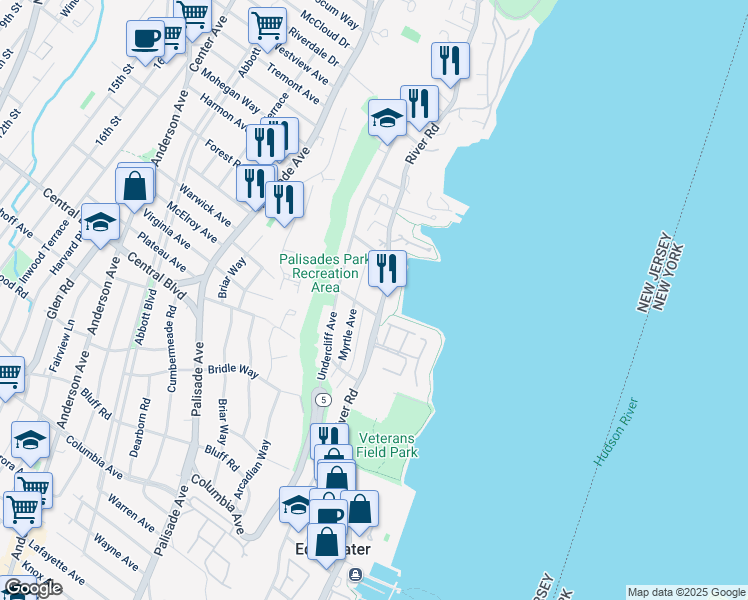 map of restaurants, bars, coffee shops, grocery stores, and more near 75 Myrtle Avenue in Edgewater