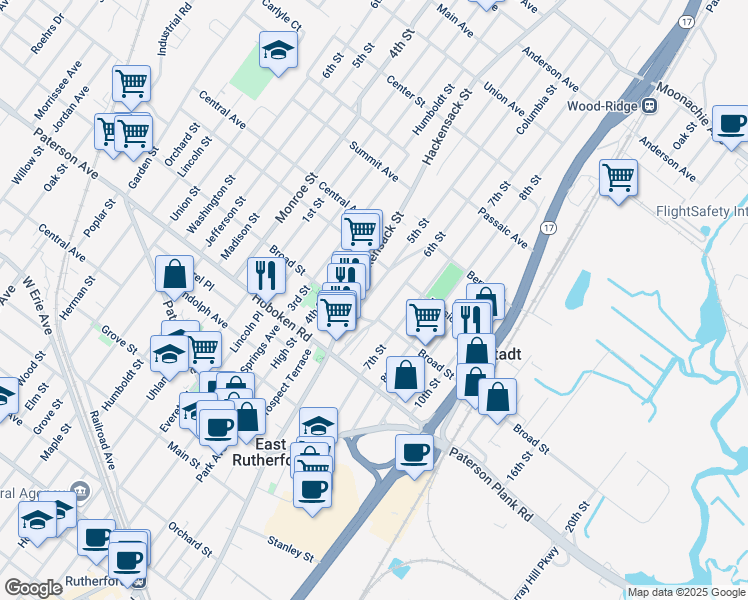 map of restaurants, bars, coffee shops, grocery stores, and more near 418 5th Street in Carlstadt