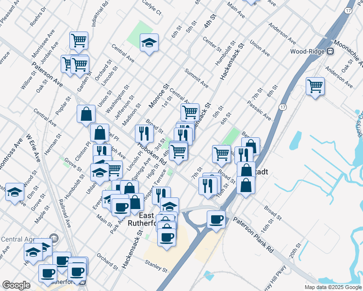 map of restaurants, bars, coffee shops, grocery stores, and more near 426 Broad Street in Carlstadt