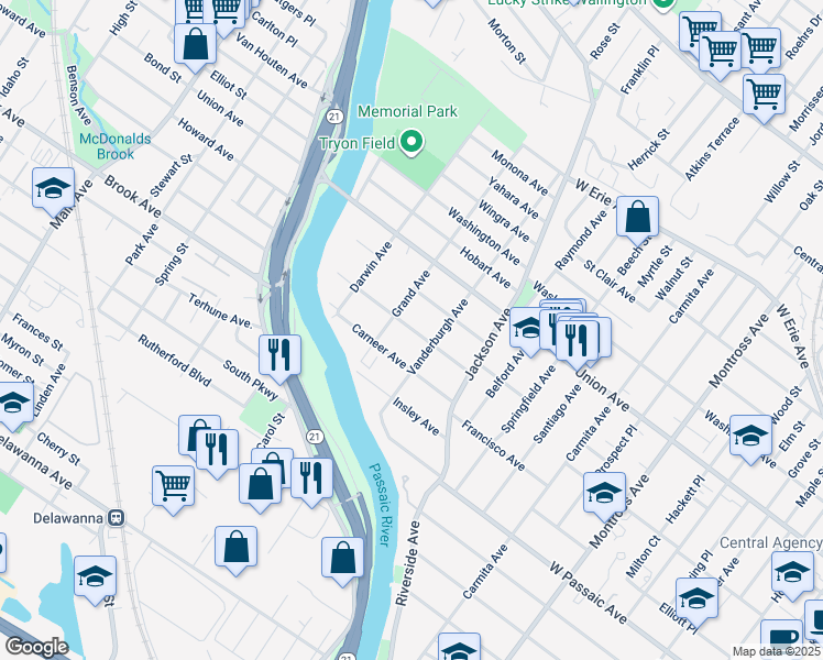 map of restaurants, bars, coffee shops, grocery stores, and more near 40 Hastings Avenue in Rutherford