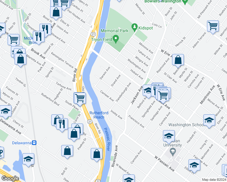 map of restaurants, bars, coffee shops, grocery stores, and more near 218 Grand Avenue in Rutherford