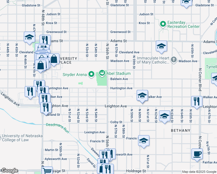 map of restaurants, bars, coffee shops, grocery stores, and more near 5618 Huntington Avenue in Lincoln