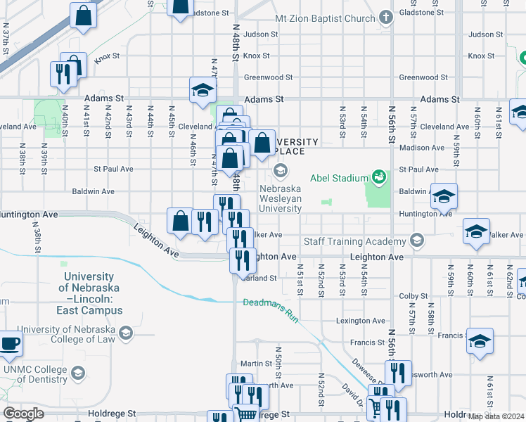 map of restaurants, bars, coffee shops, grocery stores, and more near 2503 North 49th Street in Lincoln