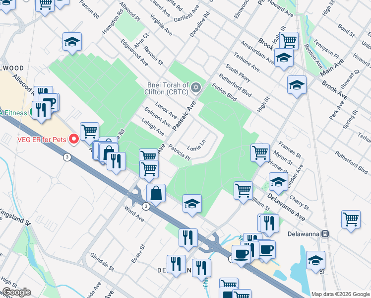 map of restaurants, bars, coffee shops, grocery stores, and more near 67 Lorrie Lane in Clifton