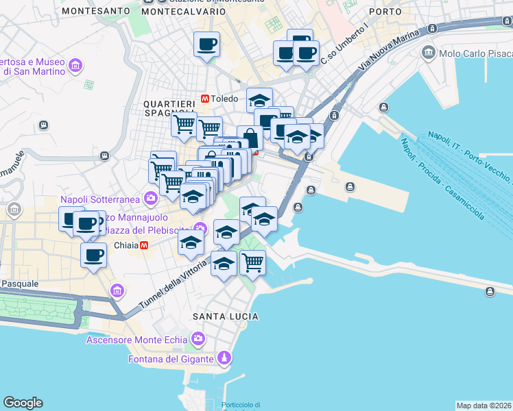 map of restaurants, bars, coffee shops, grocery stores, and more near Via Parco del Castello in Naples