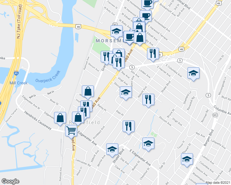 map of restaurants, bars, coffee shops, grocery stores, and more near 23 Rosetree Terrace in Ridgefield