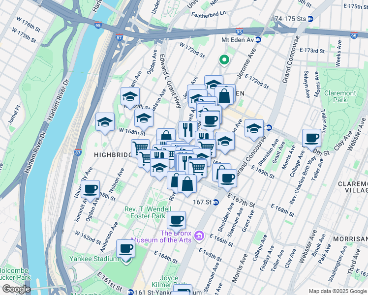 map of restaurants, bars, coffee shops, grocery stores, and more near 1253 Jerome Avenue in The Bronx