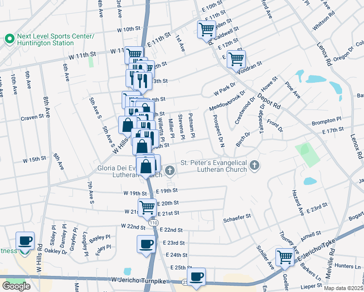 map of restaurants, bars, coffee shops, grocery stores, and more near 44 East 16th Street in Huntington Station