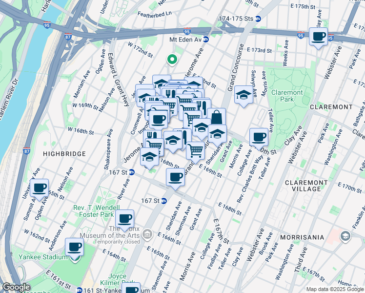 map of restaurants, bars, coffee shops, grocery stores, and more near 112 East Clarke Place in The Bronx