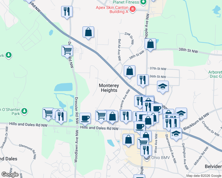 map of restaurants, bars, coffee shops, grocery stores, and more near 3414 Miles Avenue Northwest in Canton