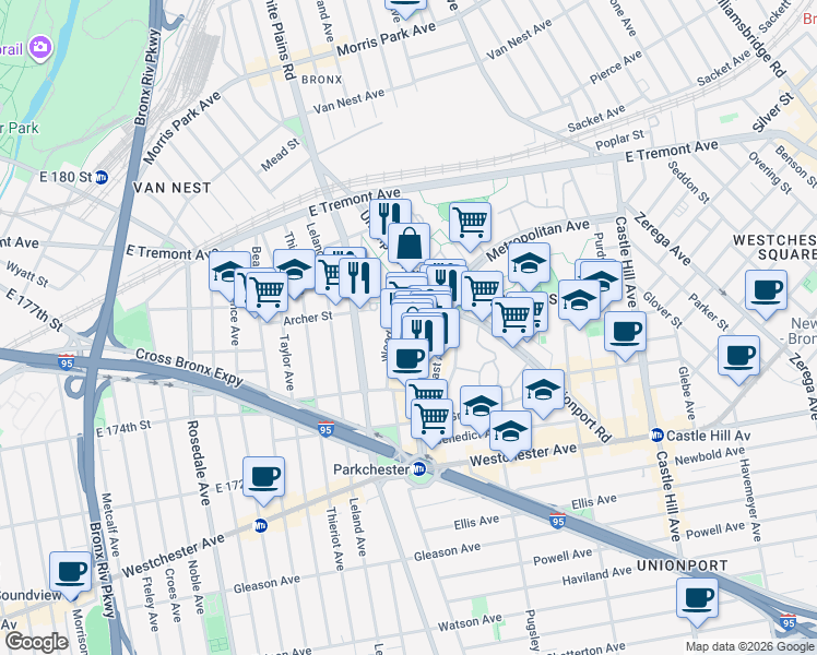 map of restaurants, bars, coffee shops, grocery stores, and more near 1499 West Avenue in Bronx