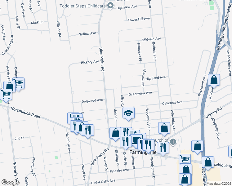 map of restaurants, bars, coffee shops, grocery stores, and more near 5 John Drive in Farmingville