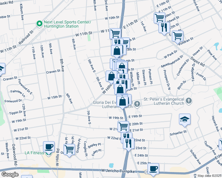 map of restaurants, bars, coffee shops, grocery stores, and more near 28 W Hills Rd in Huntington Station