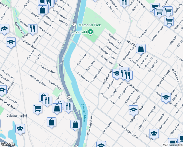 map of restaurants, bars, coffee shops, grocery stores, and more near 40 Hastings Avenue in Rutherford