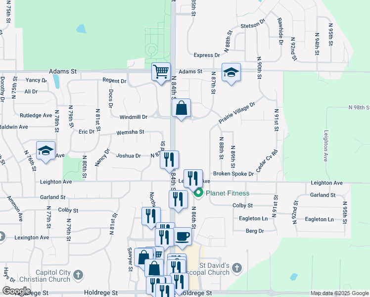 map of restaurants, bars, coffee shops, grocery stores, and more near 2501 North 87th Street in Lincoln