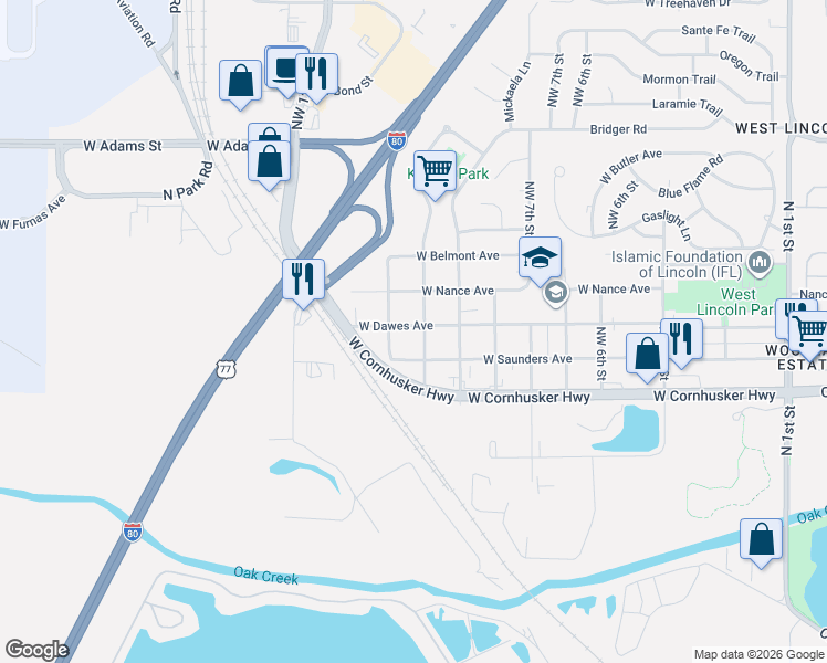 map of restaurants, bars, coffee shops, grocery stores, and more near 901 West Dawes Avenue in Lincoln