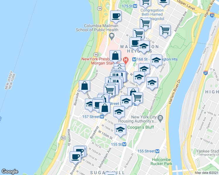 map of restaurants, bars, coffee shops, grocery stores, and more near 6672 Fort Washington Avenue in New York