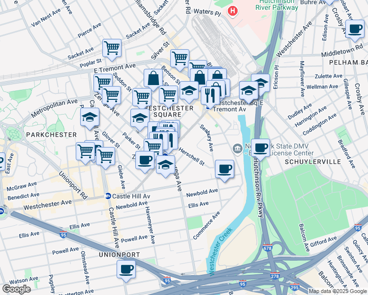 map of restaurants, bars, coffee shops, grocery stores, and more near 1364 Herschell Street in Bronx