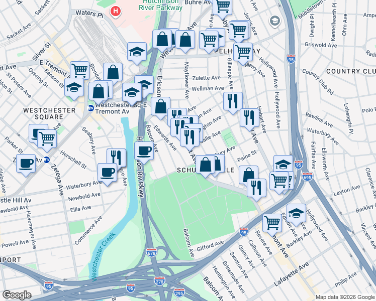 map of restaurants, bars, coffee shops, grocery stores, and more near 3154 East Tremont Avenue in The Bronx