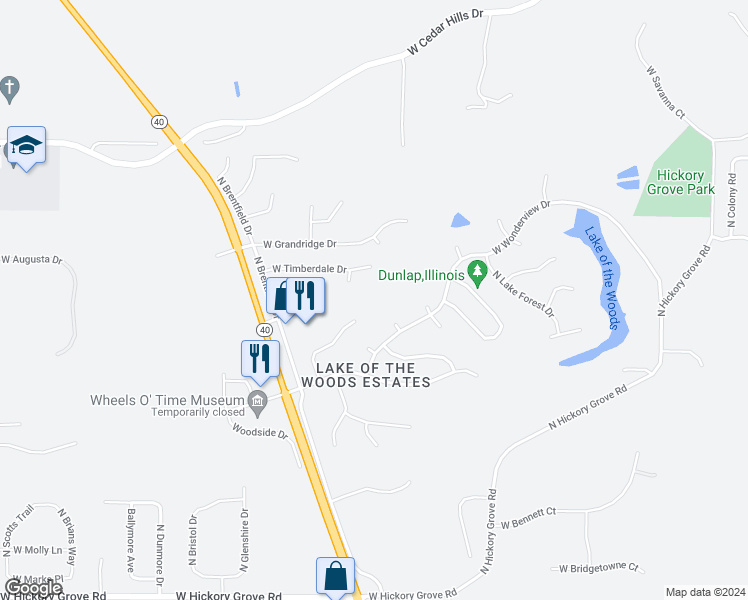 map of restaurants, bars, coffee shops, grocery stores, and more near 12225 North Woodcrest Drive in Dunlap