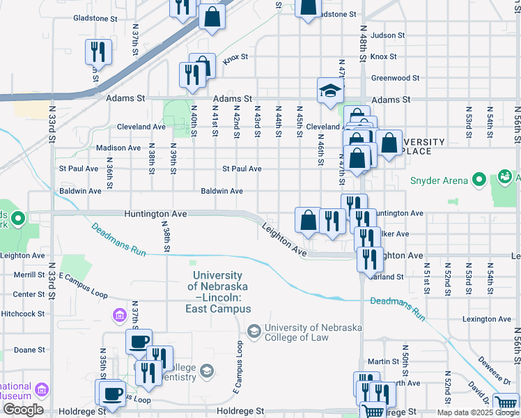 map of restaurants, bars, coffee shops, grocery stores, and more near 4302 Huntington Avenue in Lincoln