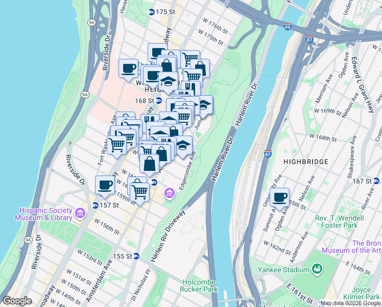 map of restaurants, bars, coffee shops, grocery stores, and more near 631 Edgecombe Avenue in New York
